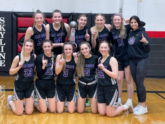 Fair Grove girls celebrate their victory over Skyline in the championship game of the Skyline Tournament. It was the first time the Lady Eagles had won the Skyline Tournament since 2019 and the first time they have defeated Skyline since that same year.   Reflex photo by Melissa Green