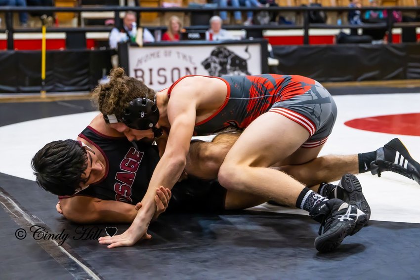 Conner White, top, seems to be in control of his opponent in a recent match. White placed fourth in the Republic Tournament last week.   Reflex photo by Cindy Hill