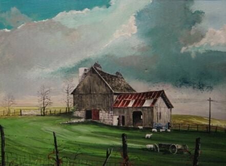 Paintings by Tim Walker of our old barn and house (both gone now).