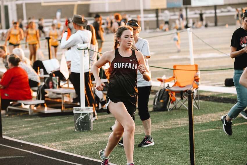 Sadie Abercrombie won first place in the 3200-meter run at the El Dorado Springs Invitational Meet on April 11. It was the second straight meet in which she took first place in the 3200.   Reflex photo by MaKenzie Sawyer