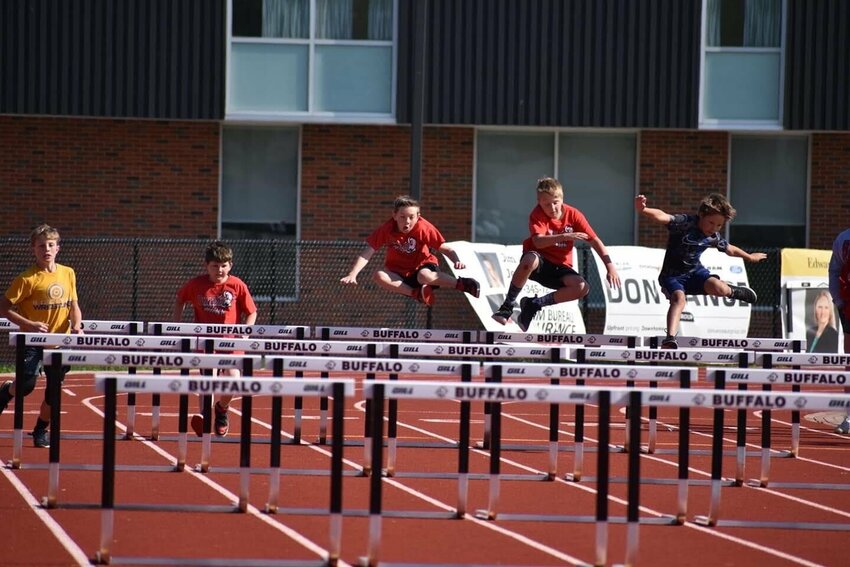 Hurdlers include, from left, Finn McCullah (Bolivar), Austin Garrison (Buffalo), Jackson Miller (Buffalo) and Gabe Williams (Buffalo).   Contributed photos