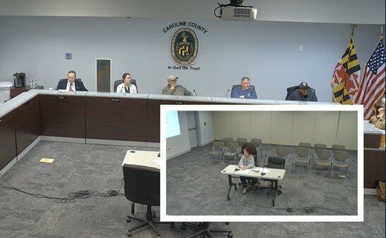 Discussing the Caroline County Comprehensive Plan update are, from left, County Attorney Stewart Barroll; Planning Commission members Hannah Cawley, Jeff Jackson, Keith Bilbrough, Roger McKnight; and Assistant Director of Planning Leslie Grunden. In the inset, County Planner III Olivia Vidotto.