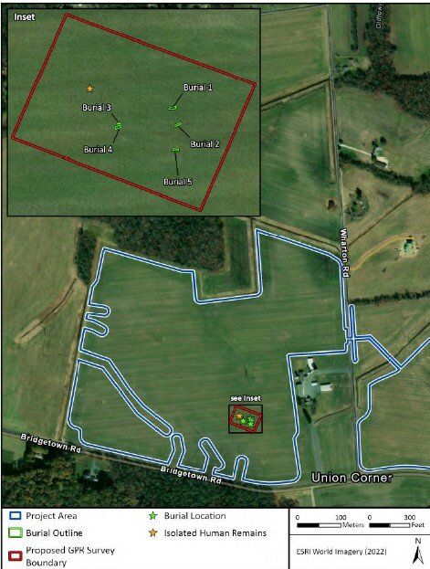 Cherrywood burial site diagram – The Cherrywood burial site is located off Bridgetown Road north of Greensboro.