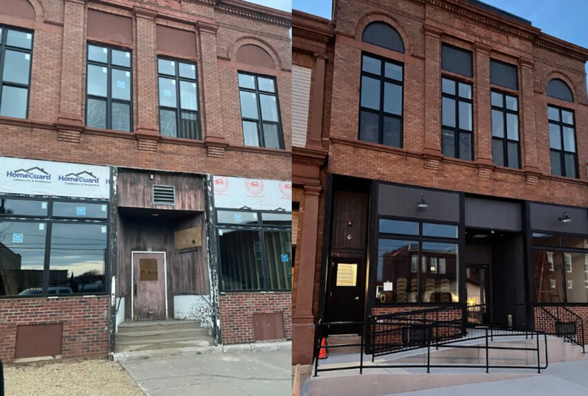 The front entrance facing the Community Hall before and after renovations.