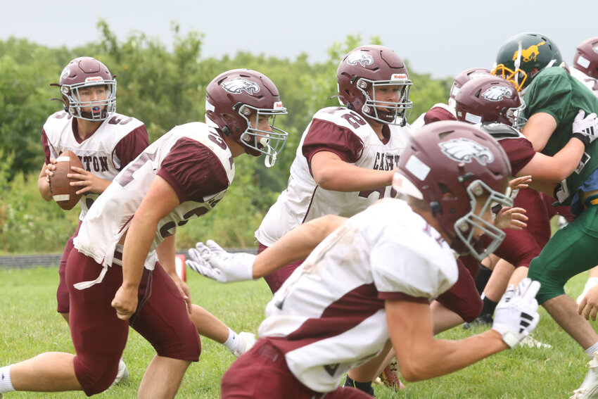 Cashton’s Rory Mlsna drops back for a pass during last Saturday’s scrimmage against Melrose-Mindoro on Aug. 17 in Cashton. Record photo by Nate Beier/GX3 Media.