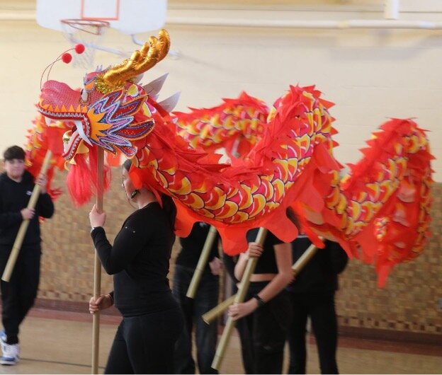 The first of two public dragon dance performances by 7th graders at Pleasant Ridge Waldorf School in Viroqua, Wisc.