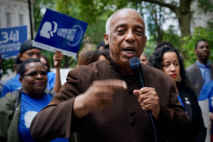  Brooklyn Council Member Charles Barron at a City Hall Park housing rights press conference last month. Union-affiliated political action committees spent big in an effort to unseat Barron from his Council seat and succeeded.