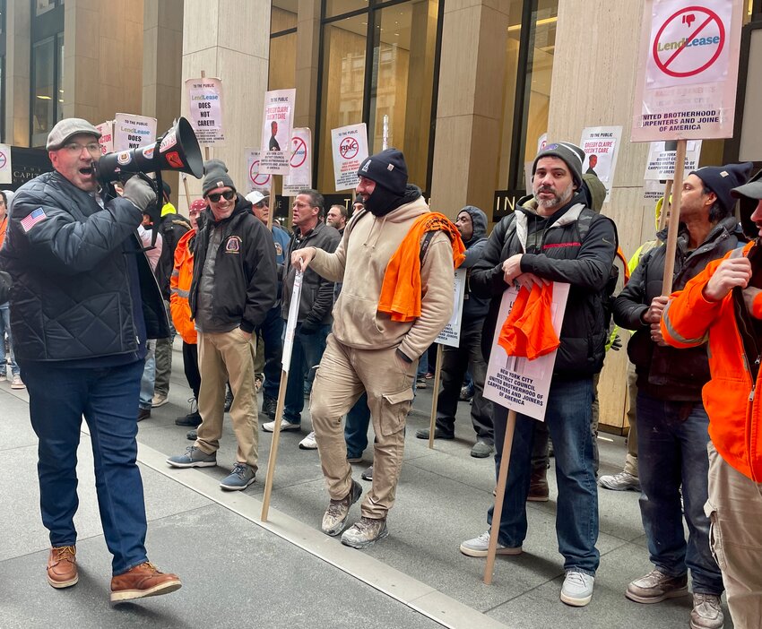Michael Piccirillo, business manager for the District Council of Carpenters, led hundreds of union tradespersons in chants during a noontime rally Thursday in Midtown denouncing the use of non-union workers on a massive mixed-use project on the Brooklyn waterfront.