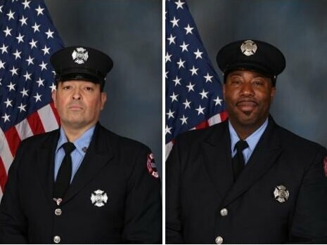 Newark firefighters Augusto "Augie" Acabou, 45, left, and Wayne "Bear" Brooks Jr., died while battling a fire inside a cargo ship docked at Port Newark and onto which more than a thousand cars were being loaded Wednesday night. Newark Department of Public Safety