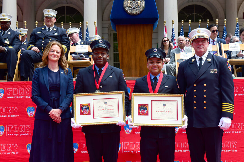 EMTs Emmanuel Titus and Shawn Griffin received the Christopher J. Prescott Medal. Photo: FDNY