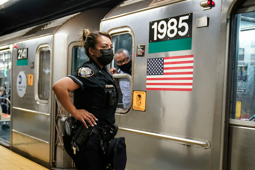 An NYPD officer looked down a subway platform at Grand Central Terminal in May 2021. Frank Franklin II/AP Photo