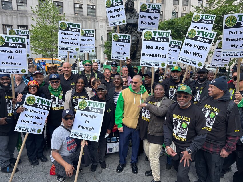 <p>Dozens of members of Transport Workers Union Local 100 attended a May Day rally and march in Foley Square May 1. </p>