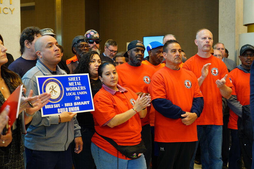 <p>Union members at the Hyatt Regency JFK Airport during the May 15 announcement of a joint venture that expects to build up to 50,000 units of workforce housing across the five boroughs.</p>