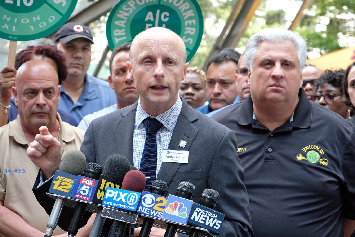 ‘DISGUSTING AND APPALLING’: Metropolitan Transportation Authority CEO Andy Byford vowed to press for serious jail time for those who assault transit workers, citing a recent incident captured on video of ‘one of our Conductors being absolutely pummeled’ by three riders angry that their train would skip local stops. At his left is Transport Workers Union Local 100 President Tony Utano, who said Conductors would begin wearing body cameras to make it easier to identify and apprehend their assailants.