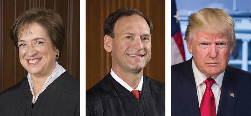 CASUALTIES OF A ‘FREE-SPEECH’ RULING: Justice Elena Kagan (left) offered compelling rebuttals to the free-speech argument Justice Samuel Alito (center) advanced for why agency-fee requirements covering public employees were unconstitutional, but Mr. Alito and the rest of the Supreme Court’s conservative wing had the votes. Their 5-4 decision stripped unions of a key right while they ponder what else awaits them if President Trump (right) can secure confirmation of another right-wing ideologue to fill the vacancy that will be left when Justice Anthony Kennedy retires at the end of the month.
