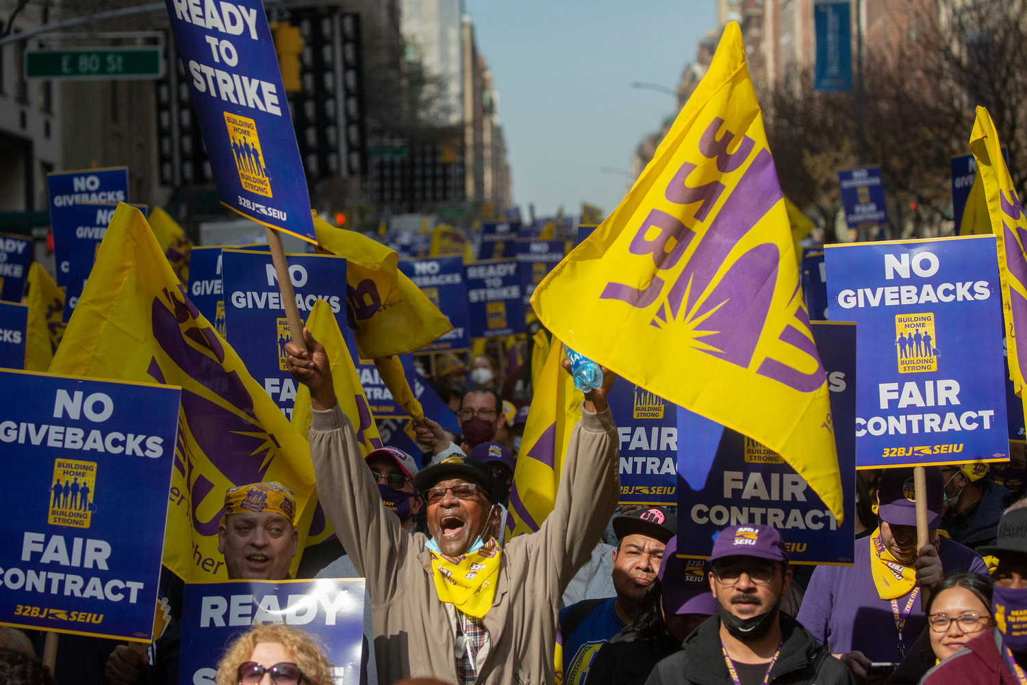 Should the city’s 32,000 doorpersons, porters, supers, concierges and other employees of 32BJ SEIU go on strike April 20, it would be building workers’ first in a generation. Above, some of the 10,000 who rallied in support of a new contract.