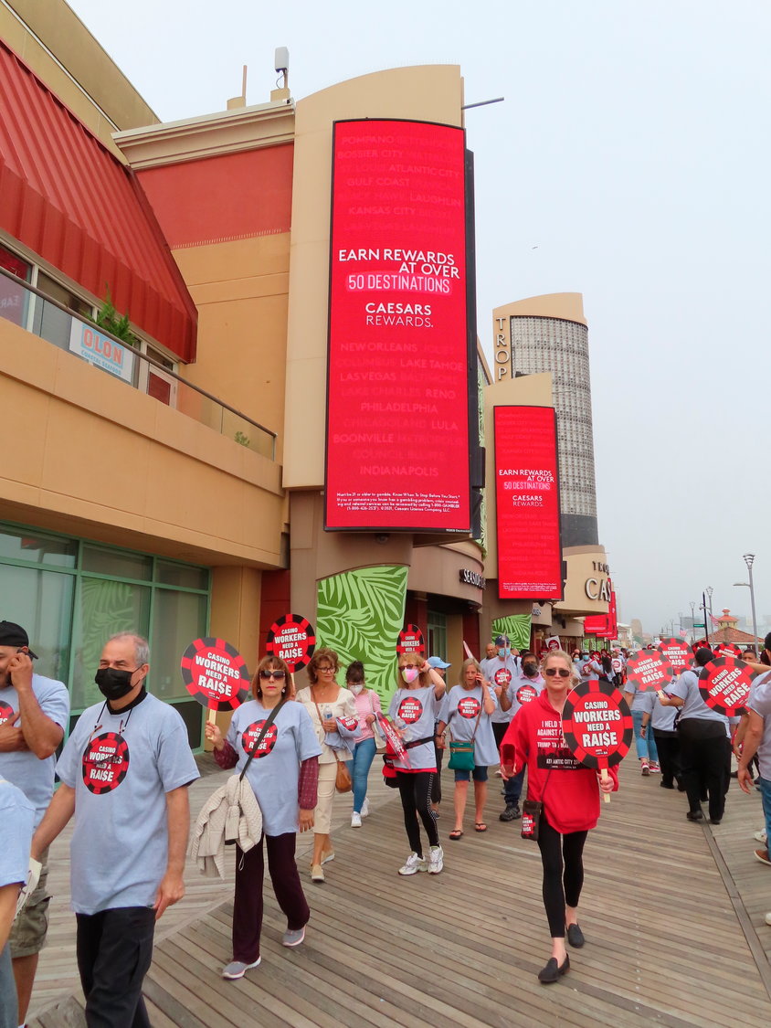 Members of Local 54 of the Unite Here casino workers union picketed outside the Tropicana casino in Atlantic City N.J. on June 1 after contracts expired. Union members on Wednesday overwhelmingly voted to authorize their leaders to call a strike.