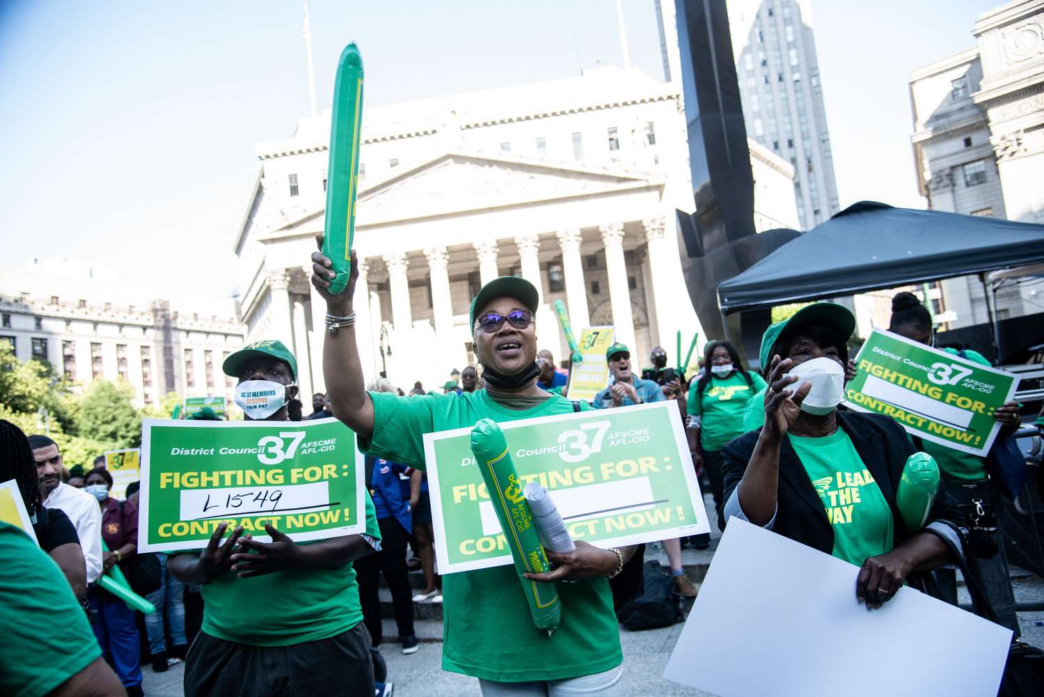 Workers represented by District Council 37 attended a June 15 rally at Foley Square as the union looks to start negotiations on a new contract. Its last agreement, covering nearly 100,000 city employees, expired more than a year ago.