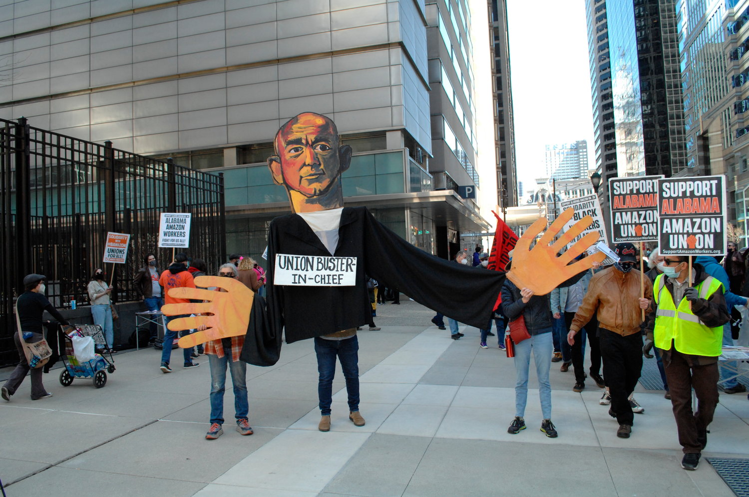 An effigy of Jeff Bazos stood in the center of a Philadelphia rally in solidarity with Amazon workers in Bessemer, Alabama, in March 2021 ahead of a unionizing vote there. A collective of philanthropic institutions has poured millions of dollars to help organizing efforts in five Southern states, including Alabama.