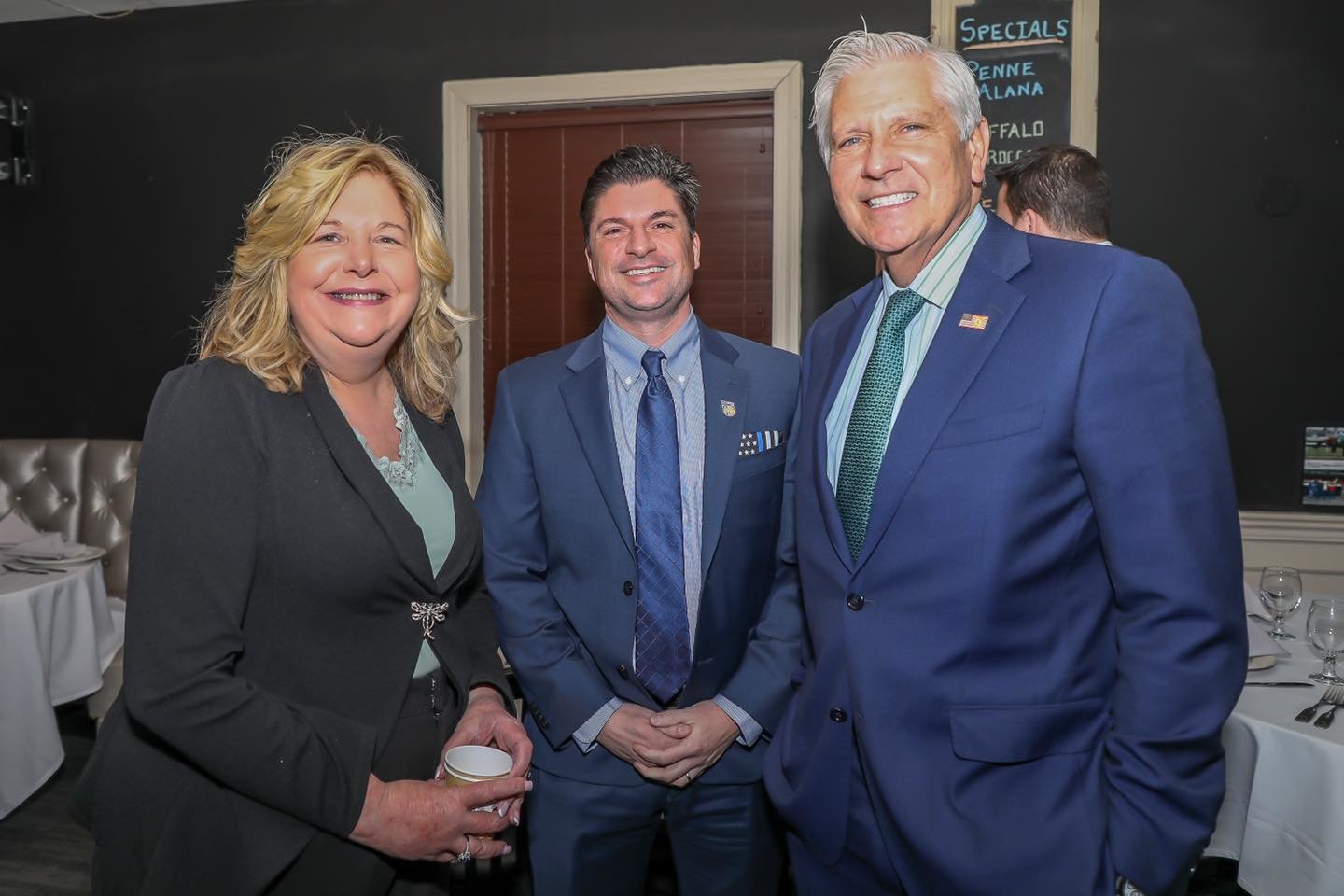 Nassau County District Attorney Anne Donnelly during a February event with County Police Benevolent Association President Tom Shevlin and County Executive Bruce Blakeman.