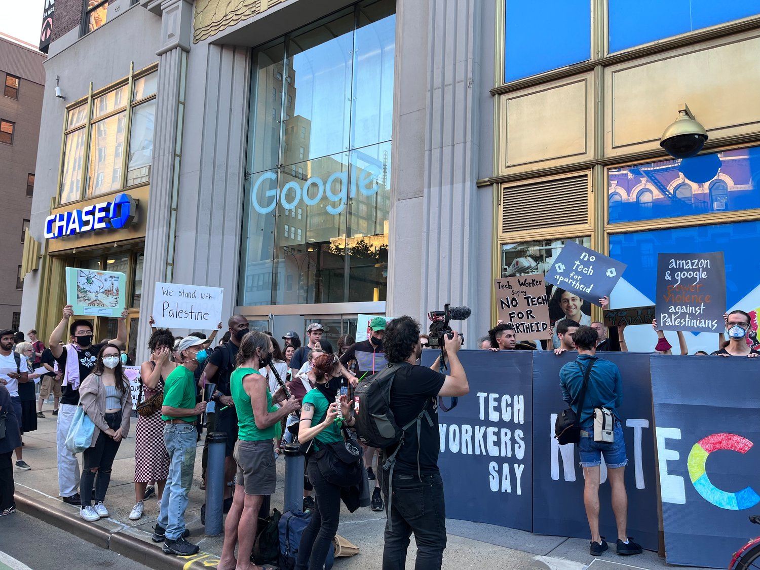 More than 200 tech workers and pro-Palestinian activists demonstrated outside Google’s Chelsea offices Sept. 8 to call on both Amazon and Google to cancel tech contracts with Israel.