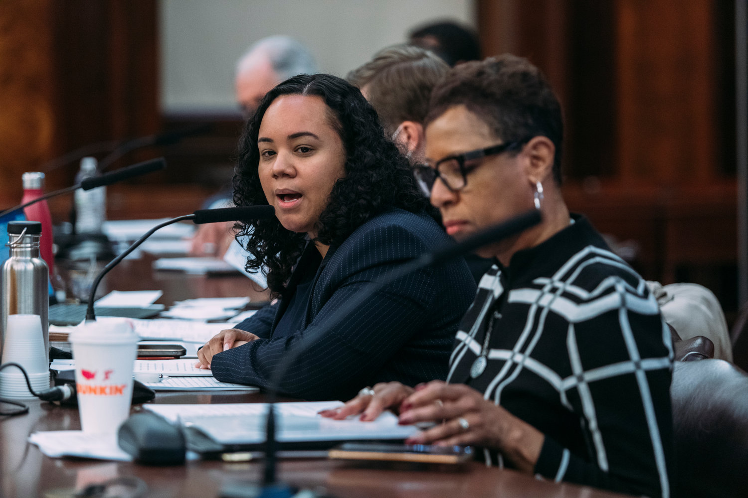 City Council Speaker Adrienne Adams, foreground, and Civil Service and Labor Committee chair Carmen De La Rosa during the committee’s Jan. 9 hearing. The committee took testimony on a proposed amendment to the city’s administrative code that would permit the city to charge municipal retirees for some health insurance. It declined to act and the legislation has been laid aside.