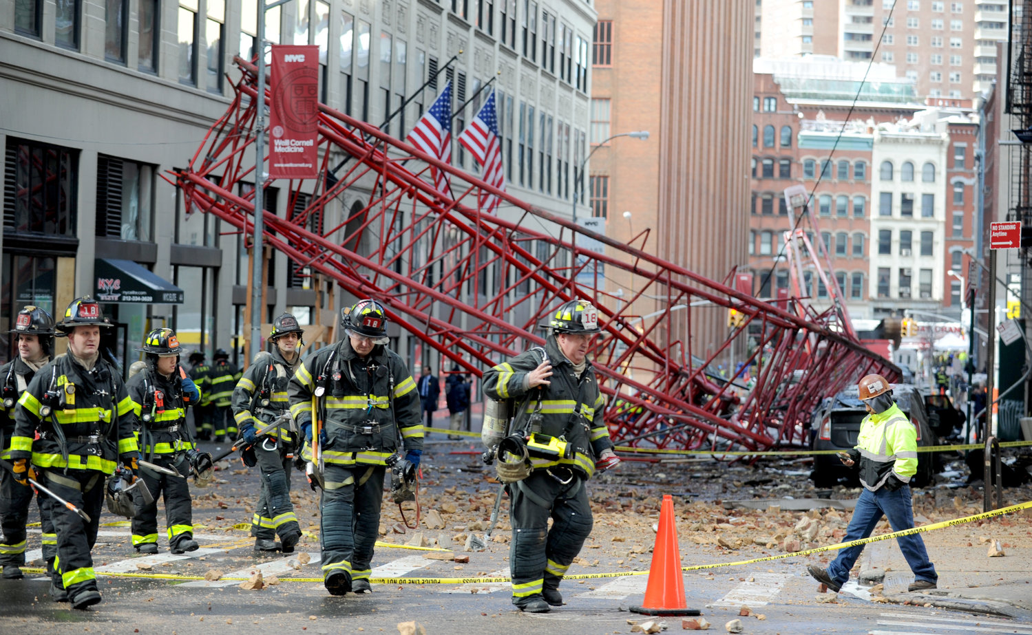 The aftermath of a toppled construction crane on Worth Street in Tribeca in February 2016. One person was killed and two others injured