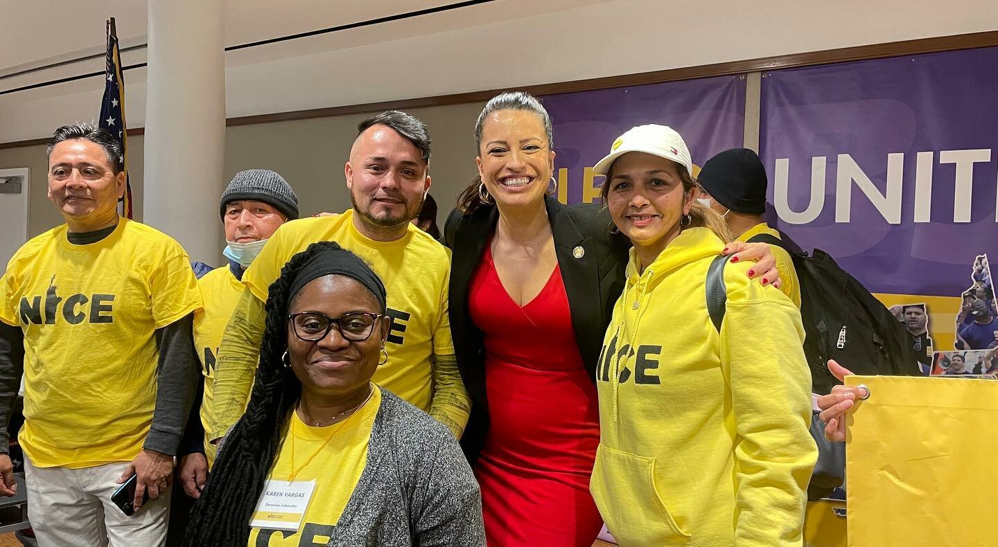 Assemblywoman Catalina Cruz and members of New Immigrant Community Empowerment following an announcement last month by Manhattan District Attorney Alvin Bragg Jr. that his office was launching a worker protection unit.
