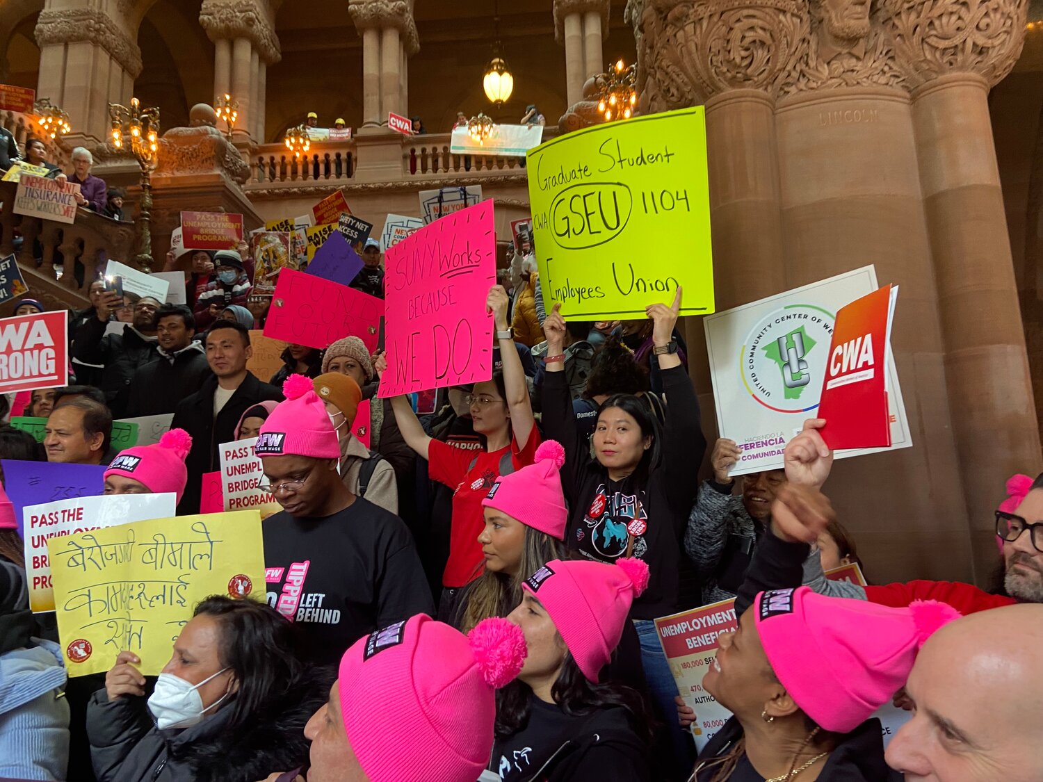 Activists and lawmakers rallied at the New York State Capitol in Albany on International Women's Day last week to call for an increase in the state's minimum wage, an end to sub-minimum wages and the creation of the unemployment bridge program, all of which they said would help low-income women.