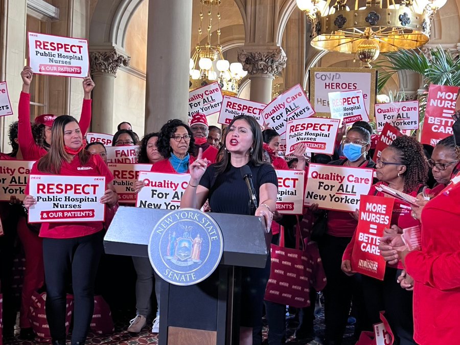 State Senator Jessica Ramos joined with members of the New York State Nurses Association rally during March 22's Lobby Day at the state capitol to pressure lawmakers to include funding to address both staffing and pay issues in the public-hospital sector.