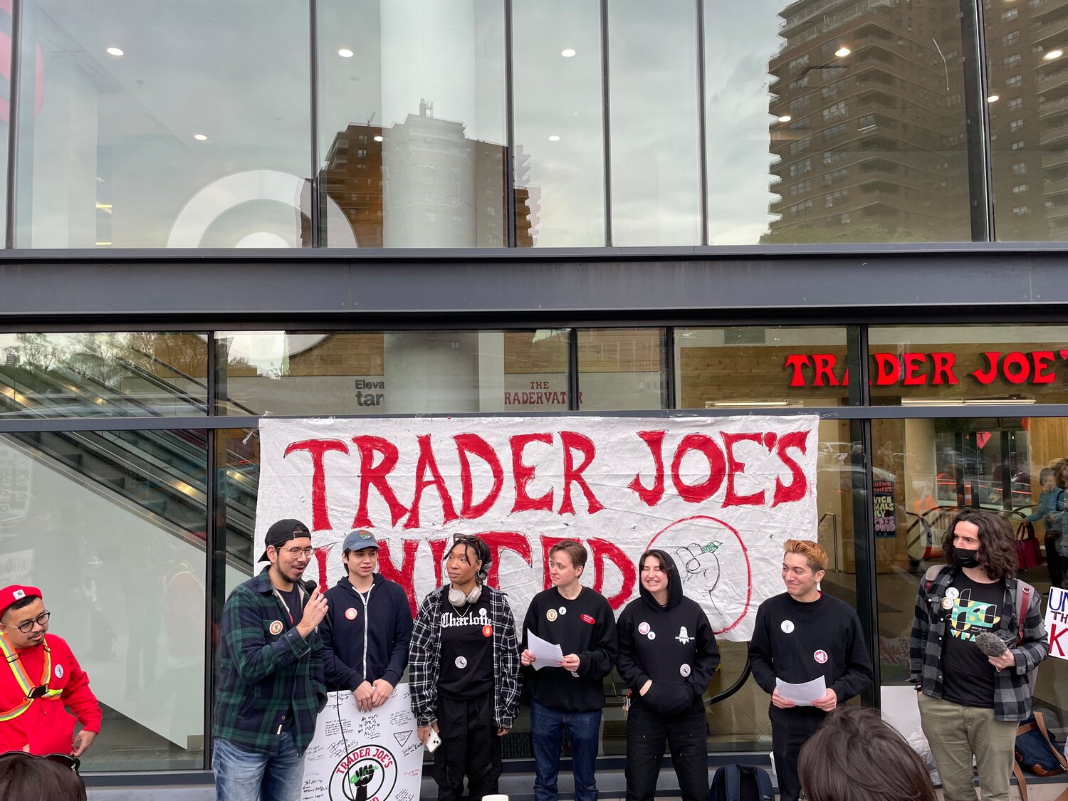 Trader Joe's workers rallied outside their Essex Crossing location April 18 ahead of a unionizing vote at the Lower East Side store. The 76-76 tally meant a loss for the union, the third failed effort by Trader Joe’s workers in the city in the last few months.