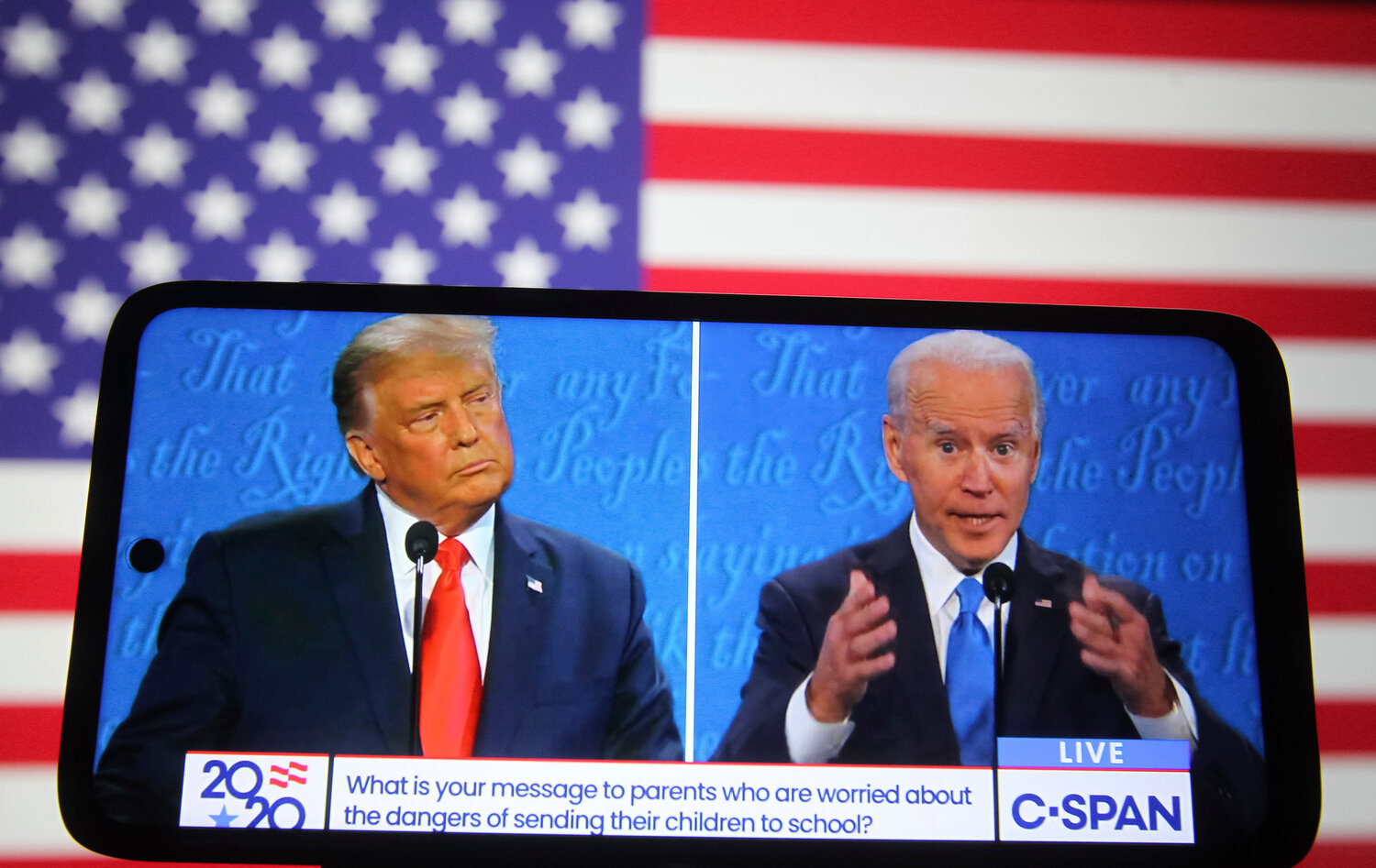 A smartphone screenshot of Donald Trump and Joe Biden during 2020’s final presidential debate on October 22 that year.