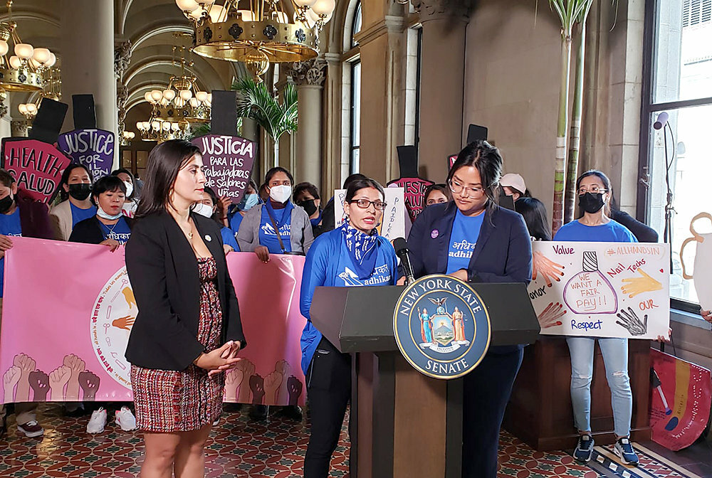 Nail salon workers, advocates and Senator Jessica Ramos, sponsor of the Nail Salon Minimum Standards Council Act, rallied in Albany in May 2022 to push the bill's passage. On Wednesday, several unions and labor advocates sent a letter to Governor Kathy Hochul and state legislators to again demand that the legislation be enacted.