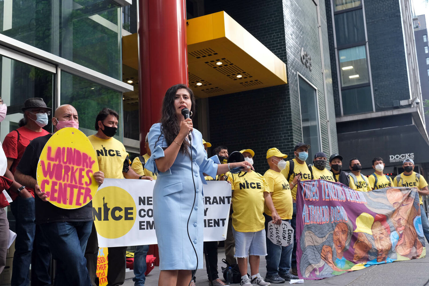Workers allied with the nonprofit New Immigrant Community Empowerment and others rallied in front of then-Governor Andrew Cuomo’s Third Avenue offices in June 2021 in support for the Securing Wages Earned Against Theft, or SWEAT, Act sponsored by Sen. Jessica Ramos, center. The bill, once again on lawmakers’ agenda, would make it easier for employees cheated out of their wages to recover their pay. Cuomo vetoed a similar bill in 2019.
