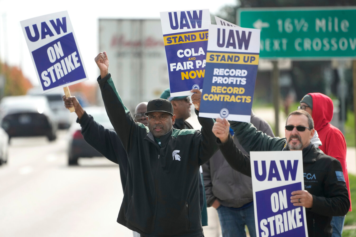 United Auto Workers members walked a picket line at the Stellantis Sterling Heights Assembly Plant, in Sterling Heights, Michigan, Oct. 23