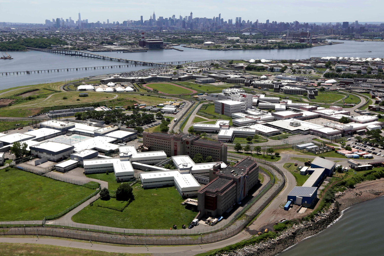 Rikers Island, with northern Queens and then Manhattan in the background.