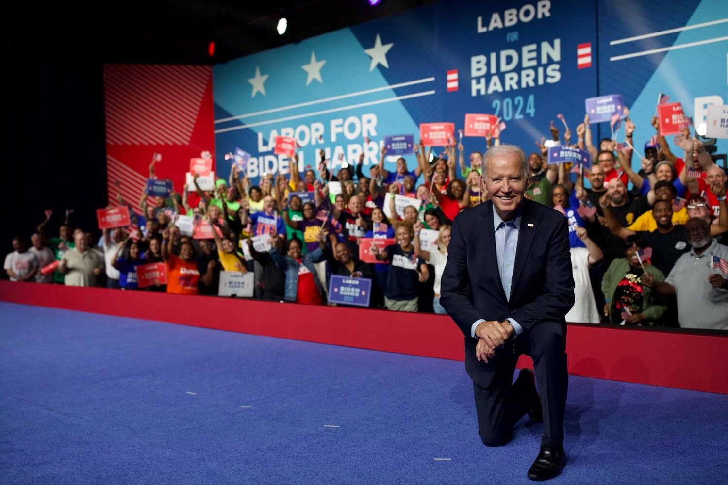 President Joe Biden on stage during a political rally at the Philadelphia Convention Center on June 17, his first since announcing his intention to run for a second term nearly two months earlier.
