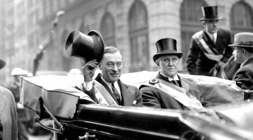 New York City Mayor James J. "Jimmy" Walker rides in the 1932 Saint Patrick's Day Parade.