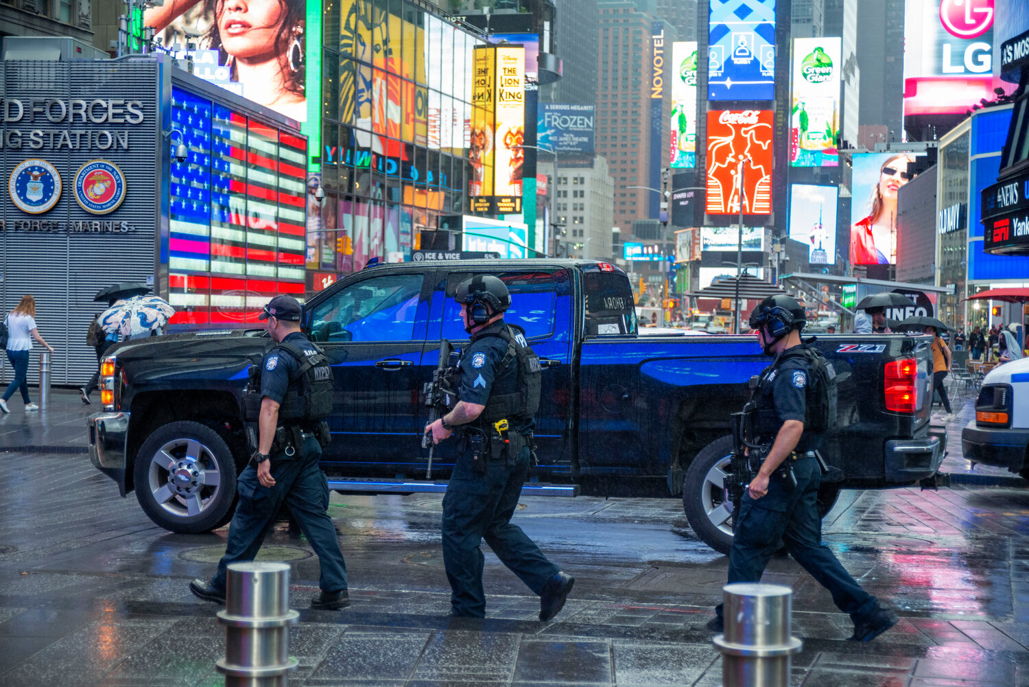 NYPD Emergency Service Unit officers patroled in Times Square.