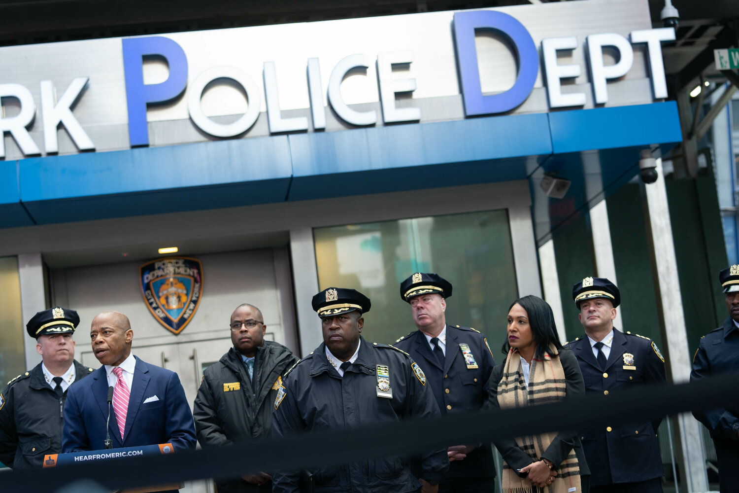 Mayor Eric Adams and NYPD officials during a public safety-related announcement ahead of New Year’s Eve at the Times Square Police Substation.