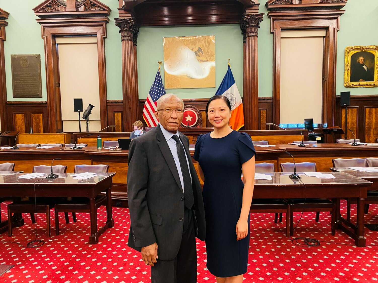 The Managerial Employees Association’s president, Darrell Sims, and its executive director,  Alice Wong, following their testimony on the municipal employee retention. The city announced last week that about 10,000 city managers would be getting raises, a long-sought MEA goal.