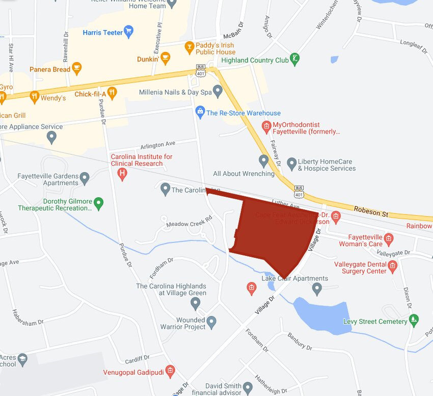This map shows the 19-acre Shoppes at Village Green parcel on Village Drive at Robeson Street in Fayetteville. The land is being graded to make it usable for future development.