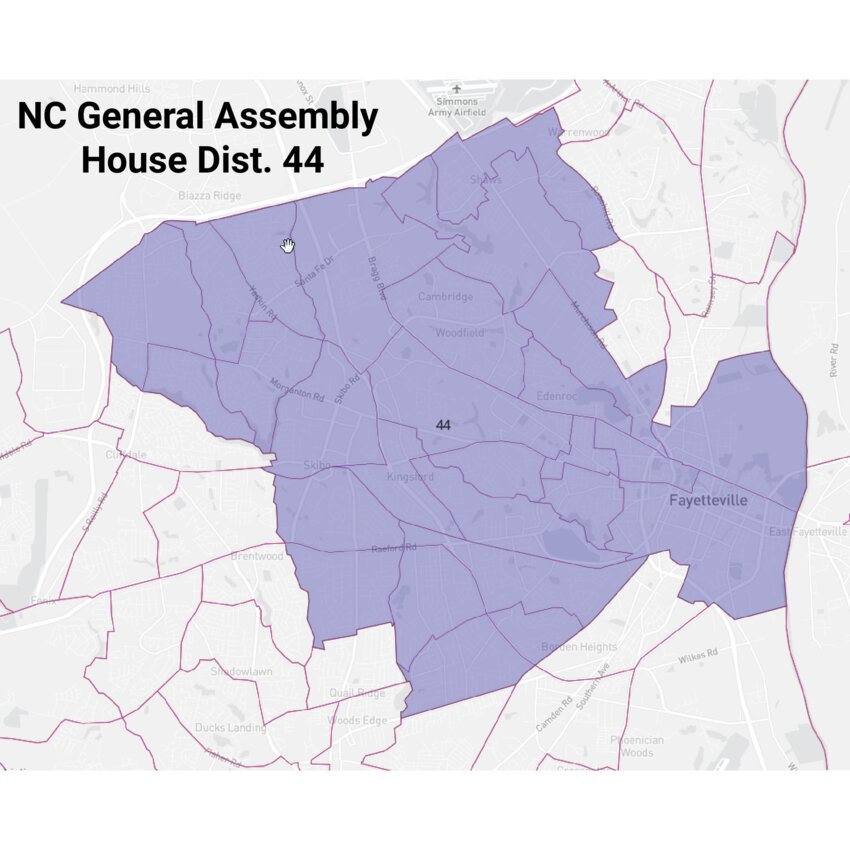 A map of North Carolina state House Dist. 44, with voting precinct boundaries, as approved by the General Assembly in Oct. 2023 for use in the 2024 to 2030 elections.