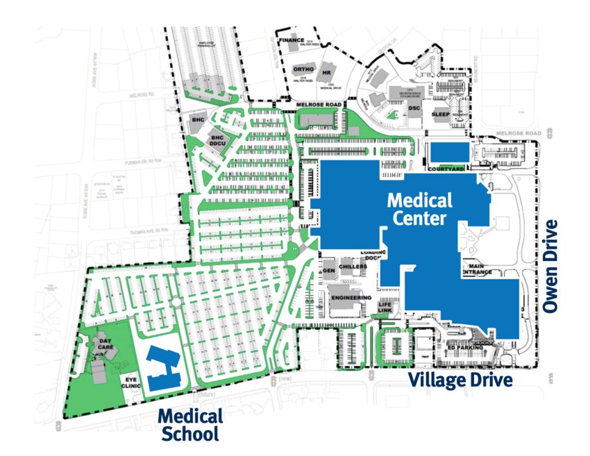 This map shows where the new medical school is to be built on the campus of Cape Fear Valley Medical Center in Fayetteville. The medical school is a joint project of Cape Fear Valley Health and Methodist University.