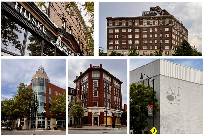 Downtown Fayetteville property for sale in spring 2024. Top: The Huske Hardware building plus the neighboring office building; the Residences at the Prince Charles. Bottom: The Robert C. Williams Business Center; the Lawyers Building. And at bottom right, the former AIT Building was nearly sold in March.