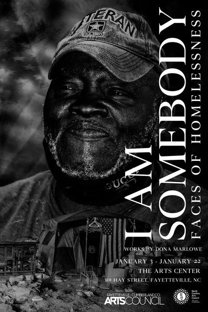 The gallery poster for the 'I AM SOMEBODY - Faces of Homelessness' exhibit includes an image of William, a proud Army veteran who calls life under a city bridge home.