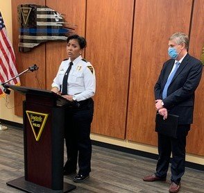 Fayetteville Police Chief Gina Hawkins speaks during a news conference on Jan. 9, 2022, at police headquarters to address questions about the death of Jason Walker a day earlier in a confrontation with an off-duty Cumberland County Sheriff’s Office deputy. At right is Cumberland County District Attorney Billy West.
