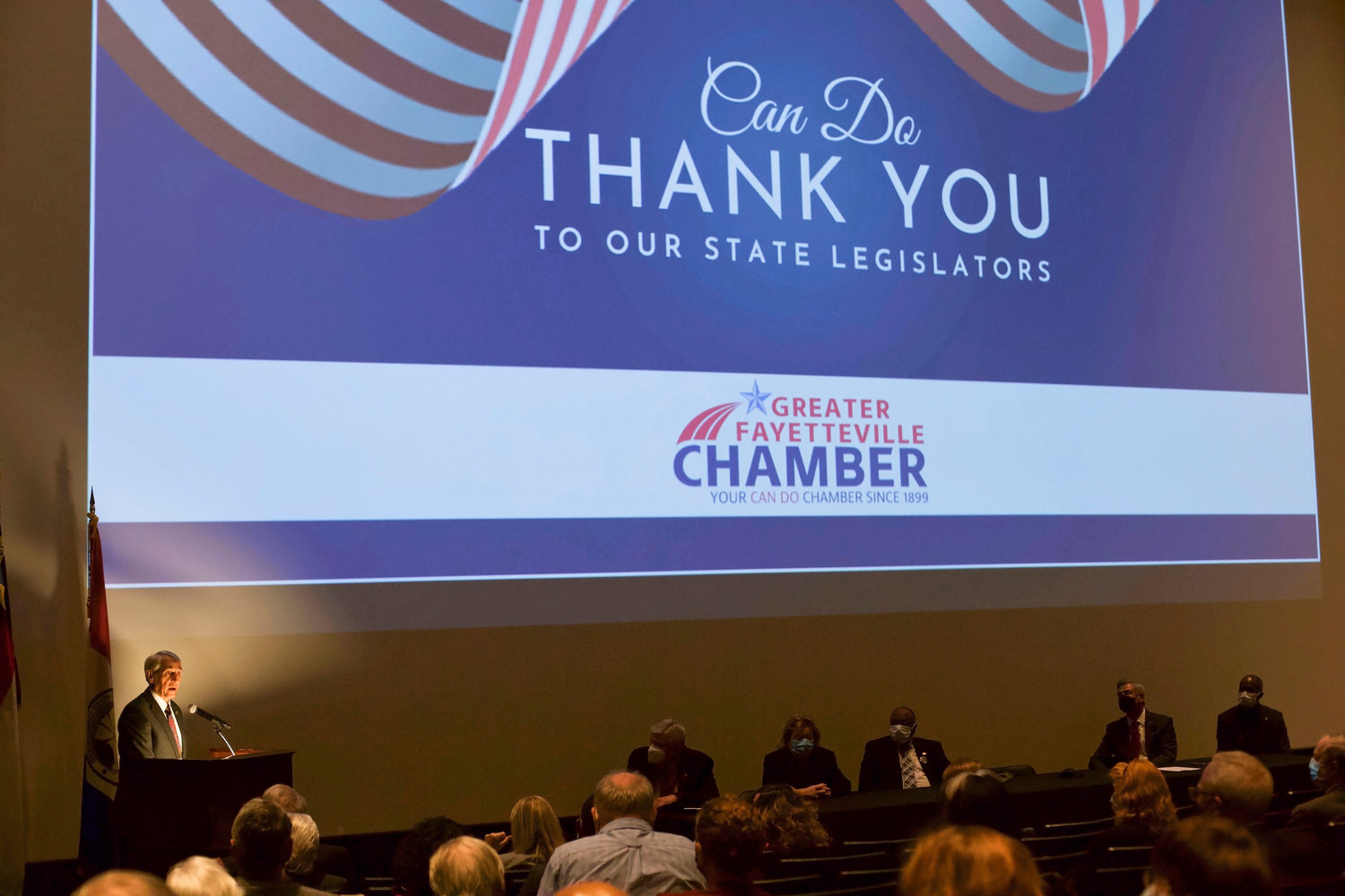 N.C. Rep. John Szoka talks to The Greater Fayetteville Chamber on Thursday during its 'Can Do, Thank You' reception for Cumberland County's legislative delegation.