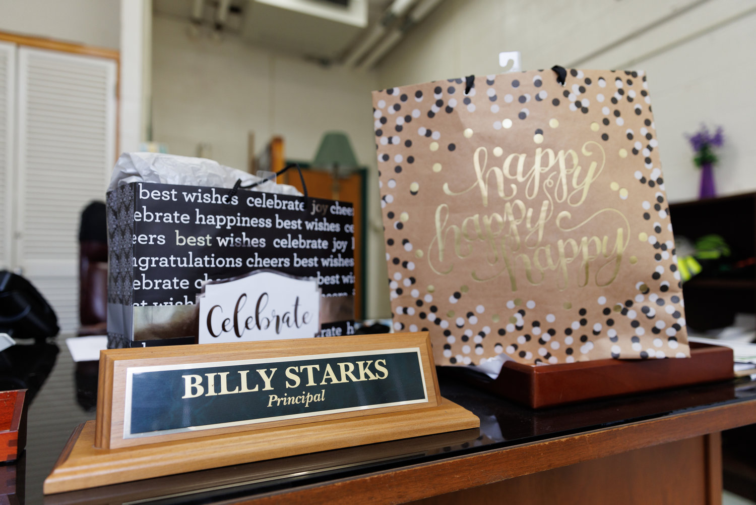 Some of the items marking Billy Starks' retirement on Friday. Starks, the principal of Pine Forest Middle School, retired after 45 years as an educator.