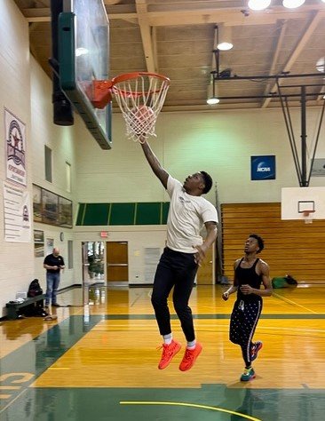FTCC men's basketball players George Jones, left, and Michael Okoye practice. The team is preparing for its showdown with Florida Gateway for the Division II South Atlantic District B Tournament and a berth in the National Junior College Athletic Association Tournament.